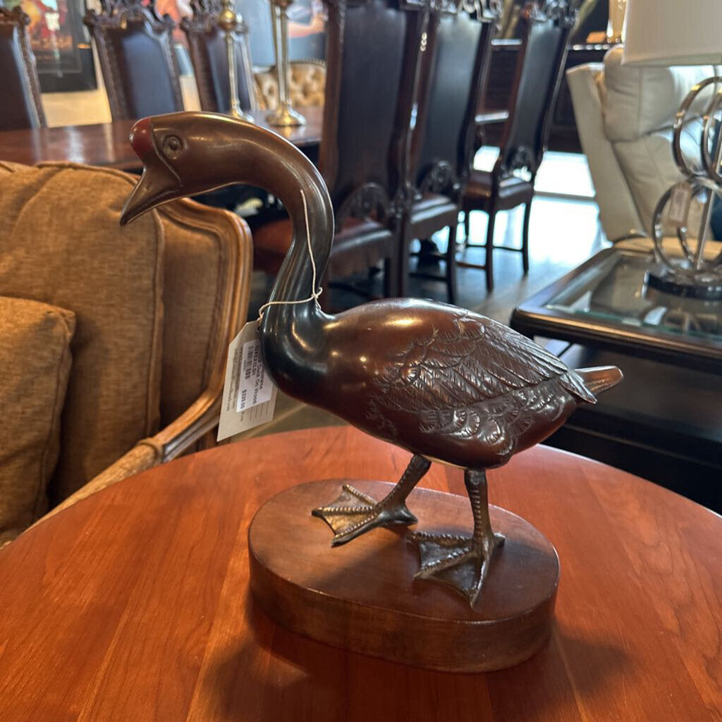 Vintage Japanese Bronze Duck On Wood- 13X6X13.5H