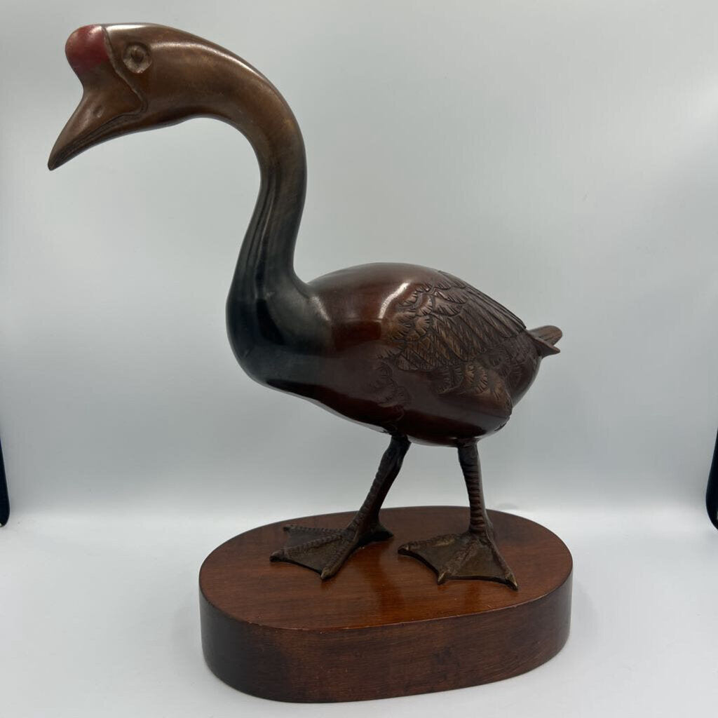 Vintage Japanese Bronze Duck On Wood- 13X6X13.5H