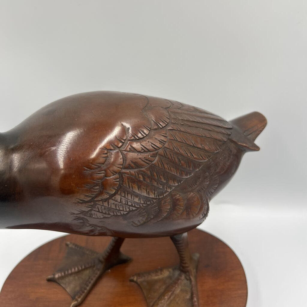Vintage Japanese Bronze Duck On Wood- 13X6X13.5H