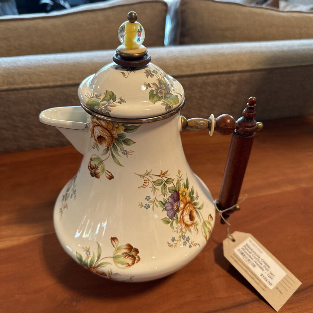 Mackenzie Childs Floral Coffee Pot W/ Wooden Handle - 12H