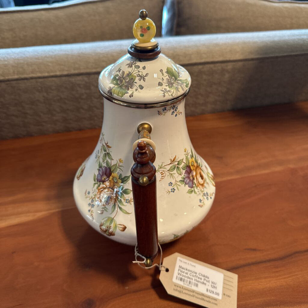 Mackenzie Childs Floral Coffee Pot W/ Wooden Handle - 12H