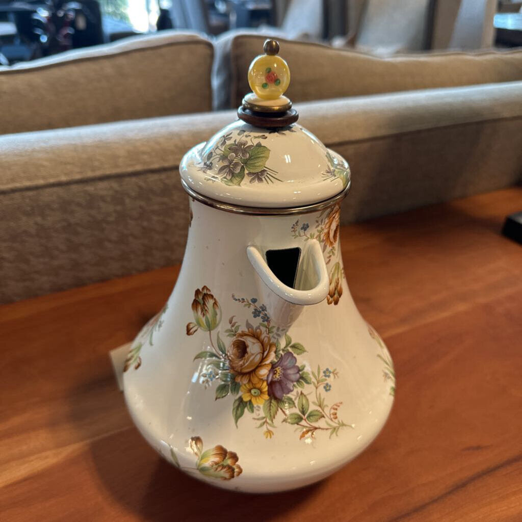 Mackenzie Childs Floral Coffee Pot W/ Wooden Handle - 12H