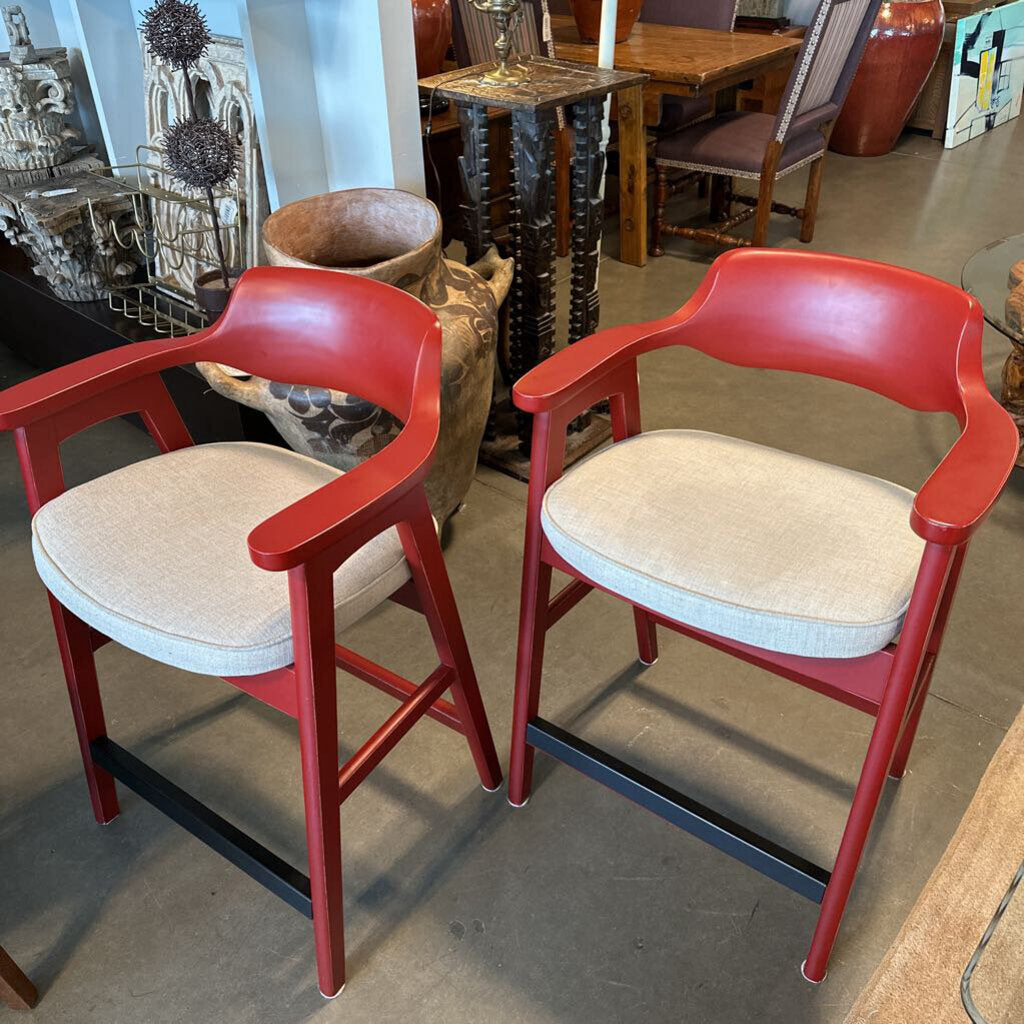 Red Wood Counter Stools - Pair - 25X20X37H