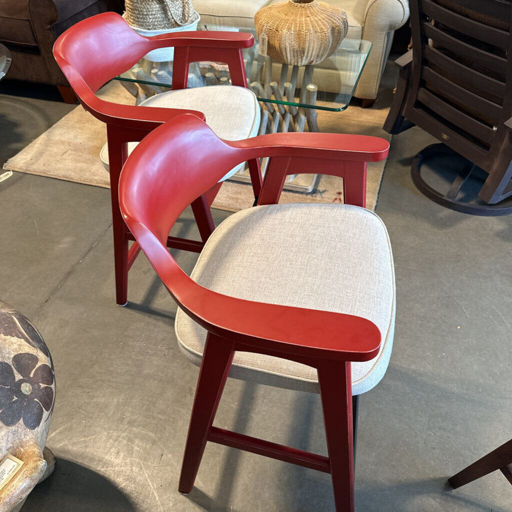 Red Wood Counter Stools - Pair - 25X20X37H