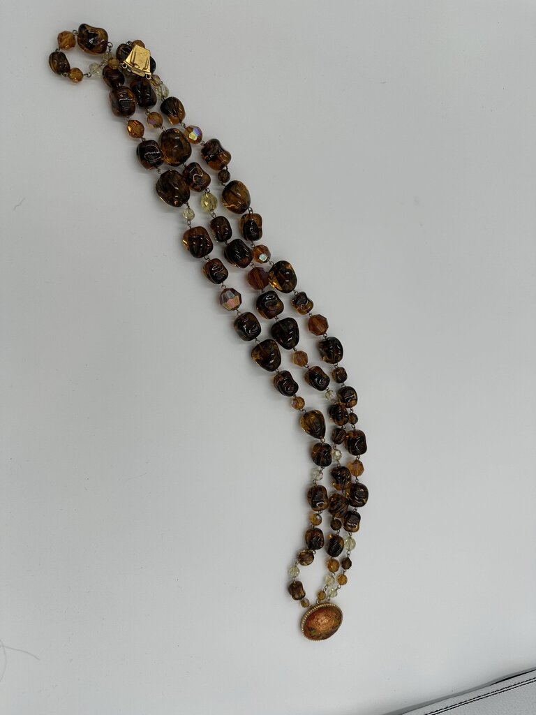 Vintage 1950s Triple-Strand Amber Glass Nugget Necklace