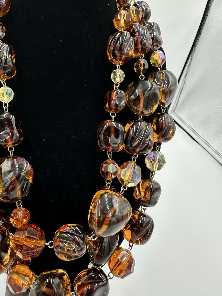 Vintage 1950s Triple-Strand Amber Glass Nugget Necklace