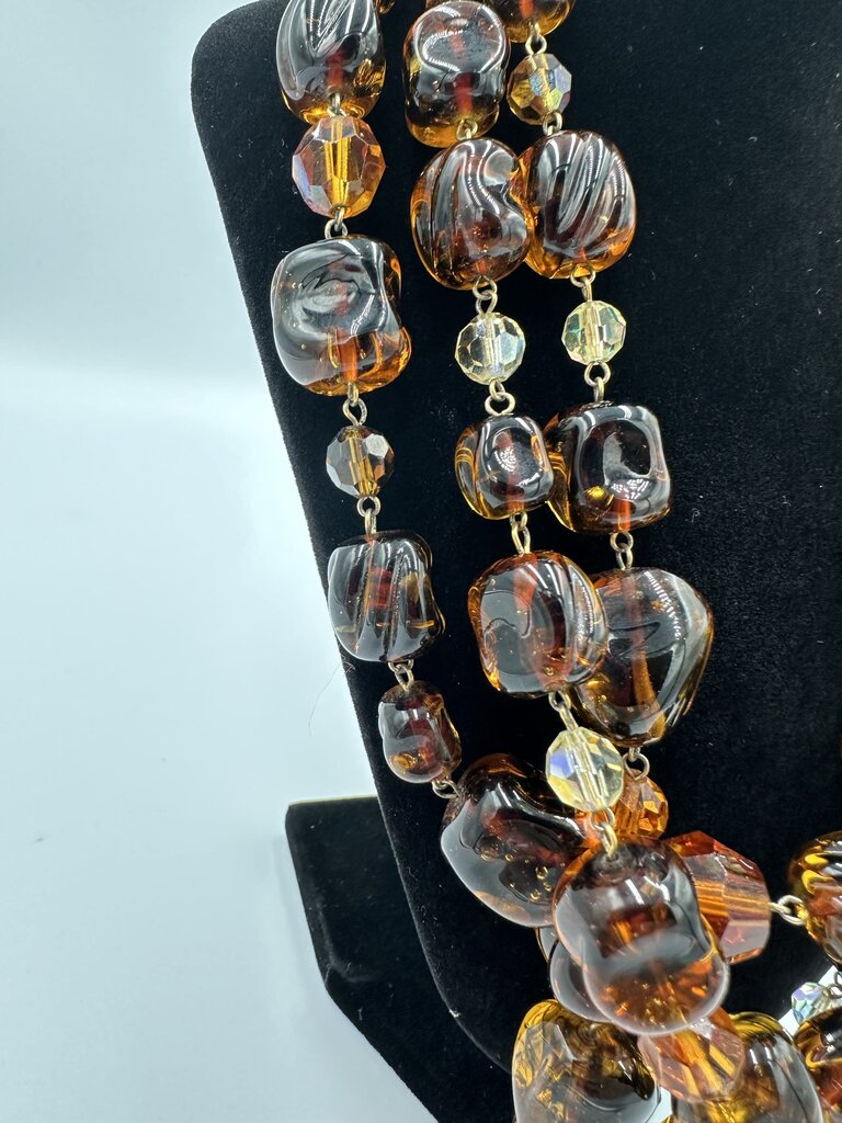 Vintage 1950s Triple-Strand Amber Glass Nugget Necklace
