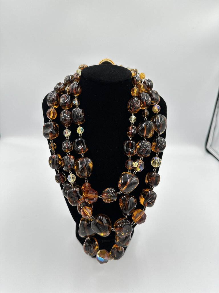 Vintage 1950s Triple-Strand Amber Glass Nugget Necklace