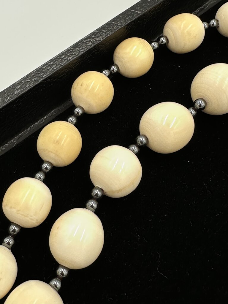 Vintage Carved Bone Hematite Buddha Rope Necklace
