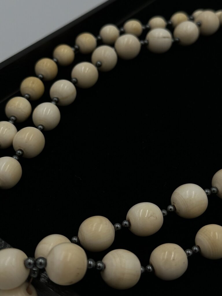 Vintage Carved Bone Hematite Buddha Rope Necklace