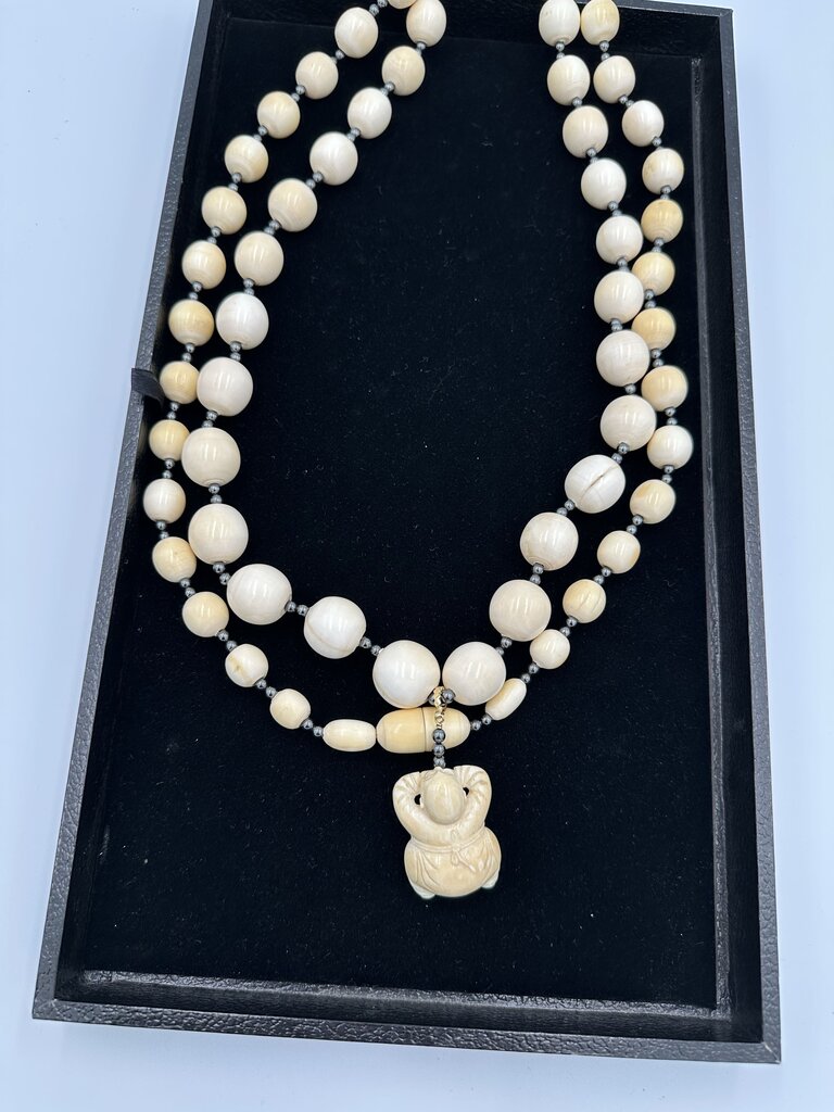 Vintage Carved Bone Hematite Buddha Rope Necklace