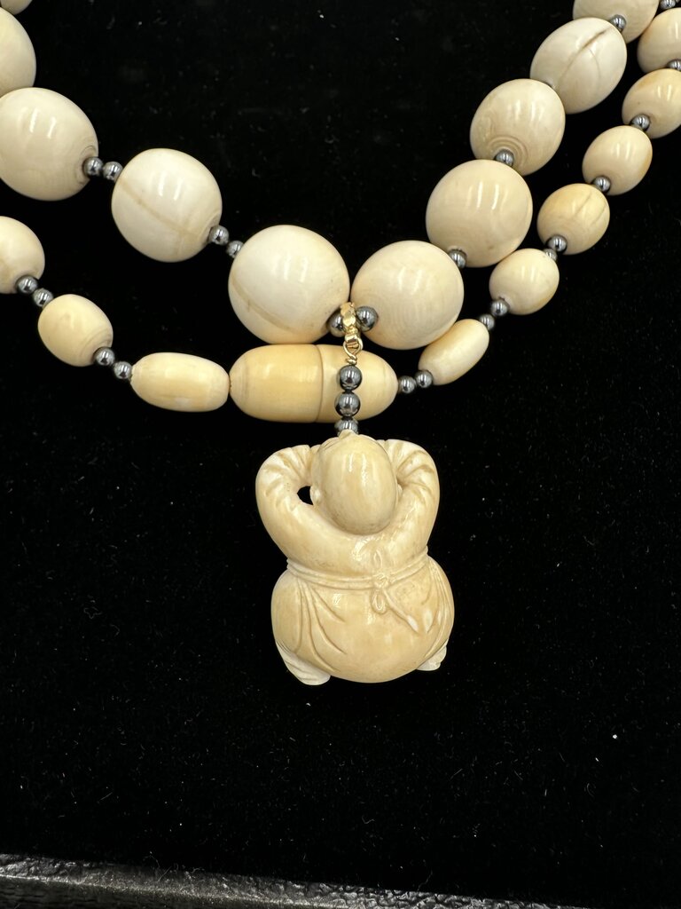 Vintage Carved Bone Hematite Buddha Rope Necklace