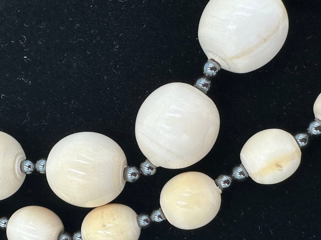 Vintage Carved Bone Hematite Buddha Rope Necklace