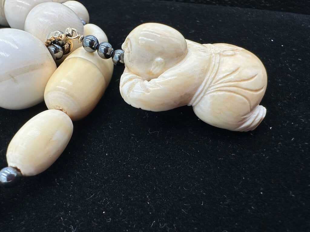 Vintage Carved Bone Hematite Buddha Rope Necklace
