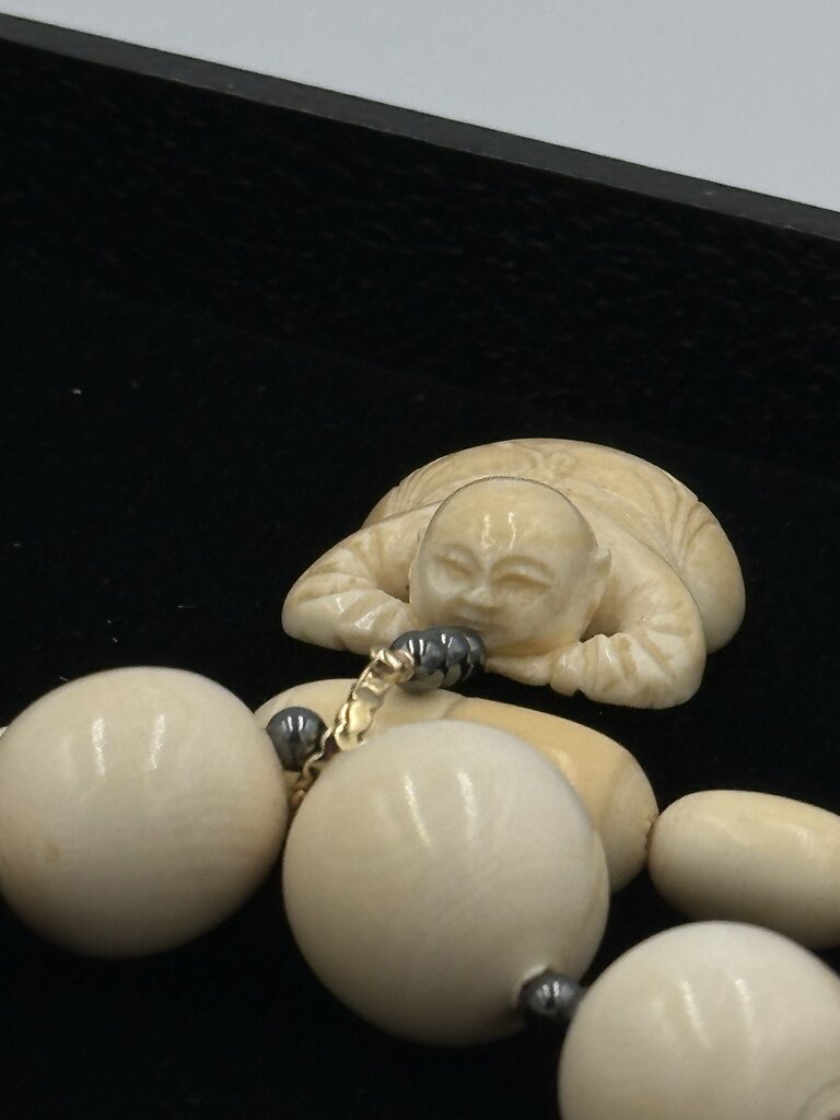 Vintage Carved Bone Hematite Buddha Rope Necklace