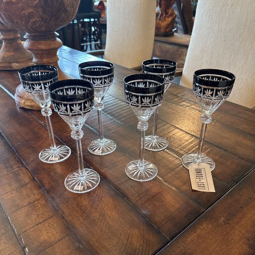 Ajka Radella Clear & Black Cut Crystal Wine Glasses- Set of 6