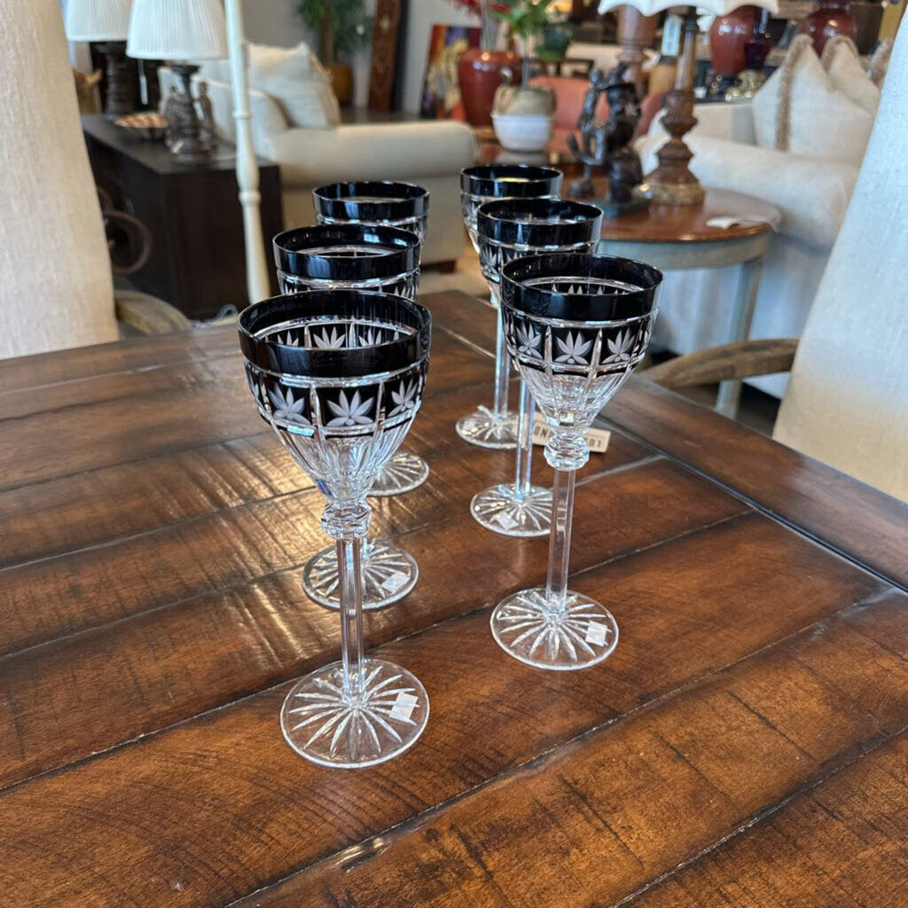 Ajka Radella Clear & Black Cut Crystal Wine Glasses- Set of 6