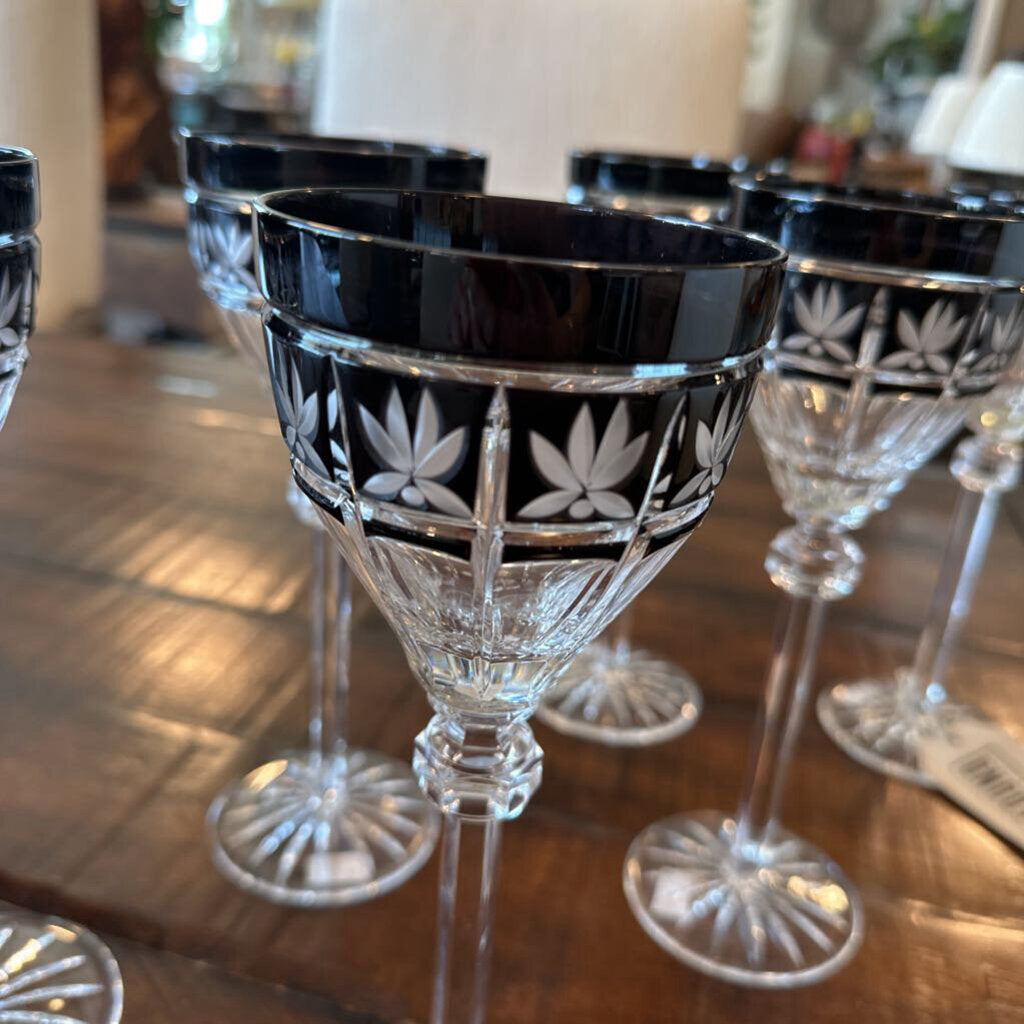 Ajka Radella Clear & Black Cut Crystal Wine Glasses- Set of 6