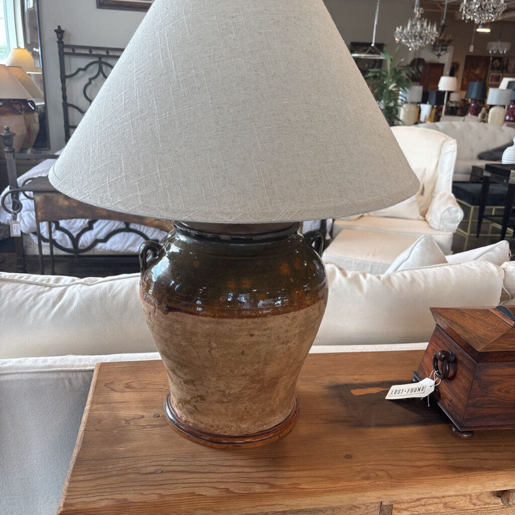 Half Glazed Pottery Lamp W/ Cream Linen Shade- 21X28