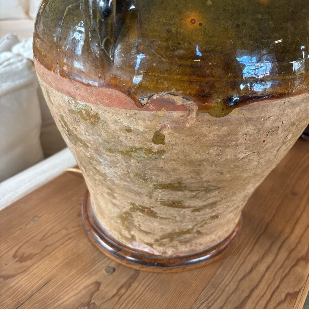 Half Glazed Pottery Lamp W/ Cream Linen Shade- 21X28
