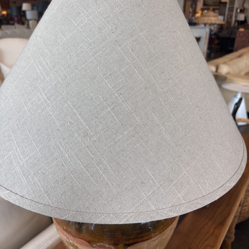 Half Glazed Pottery Lamp W/ Cream Linen Shade- 21X28