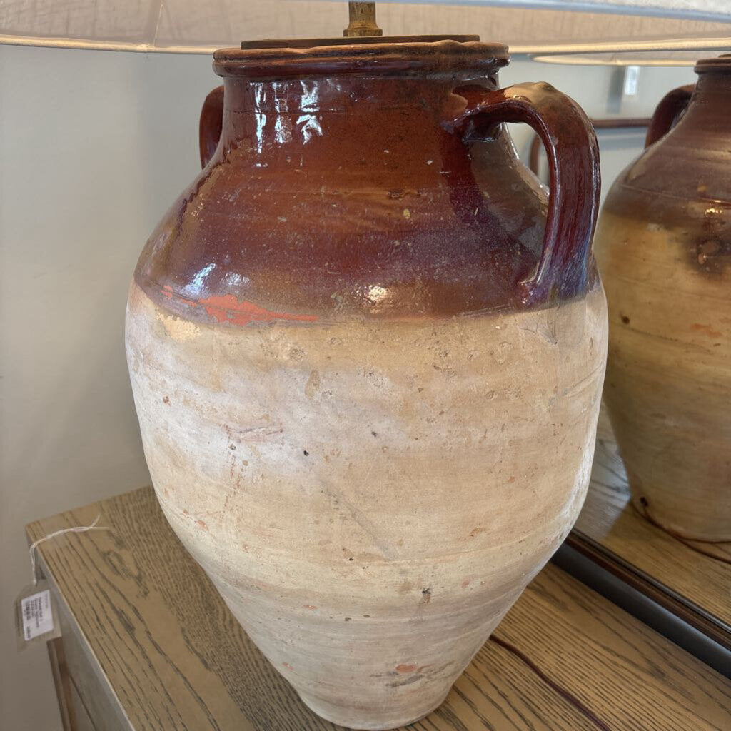 Tall 1/2 Glazed Pottery Vase W/ Linen Shade- 26X31H