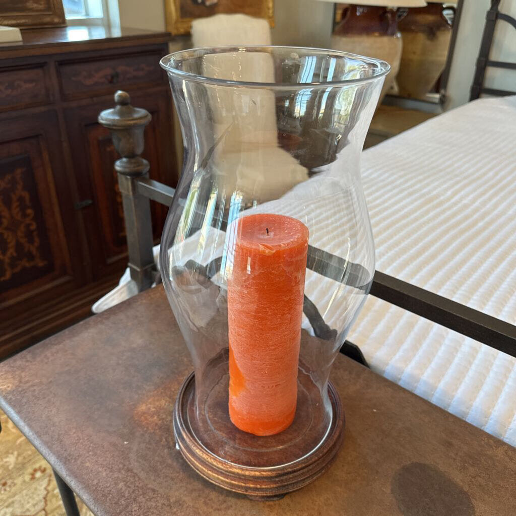 Ralph Lauren Glass Hurricane Lamp W/ Orange Candle- AS IS- 7X7X16H