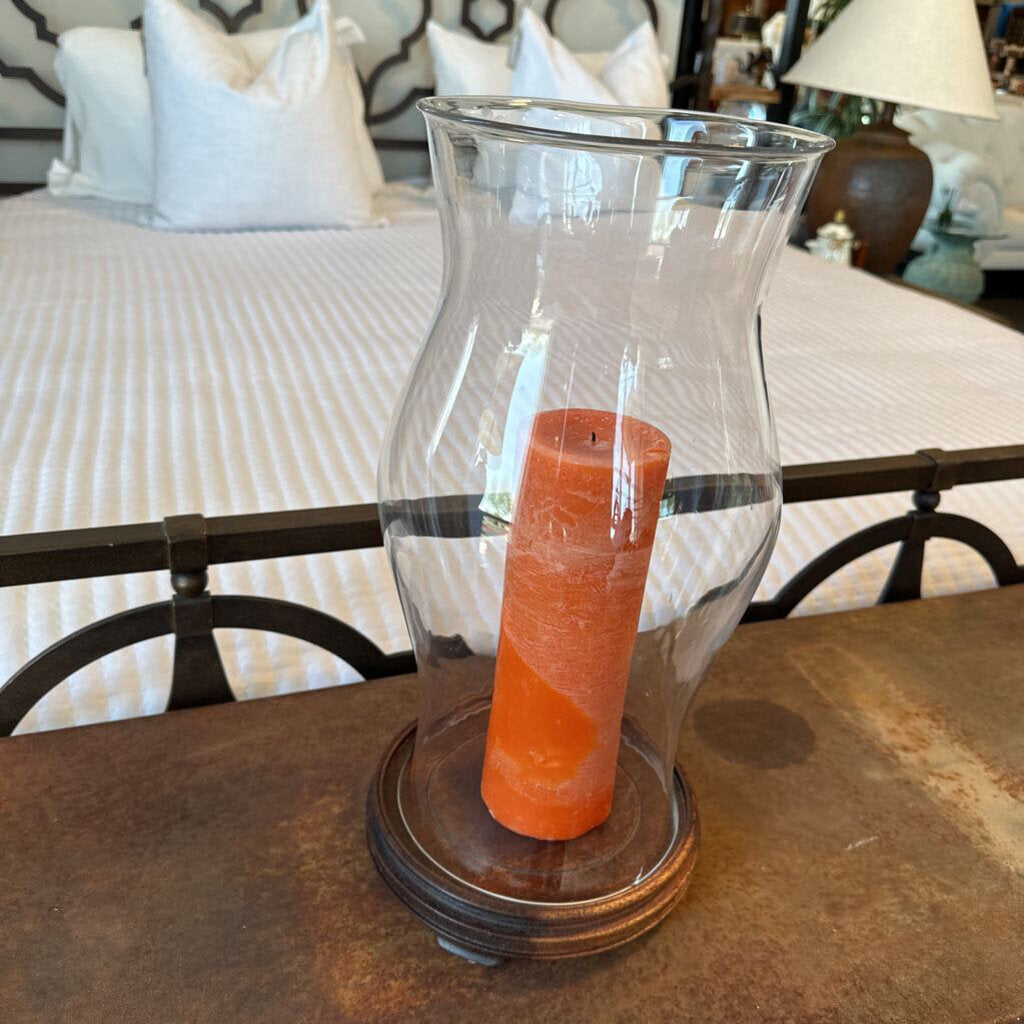 Ralph Lauren Glass Hurricane Lamp W/ Orange Candle- AS IS- 7X7X16H