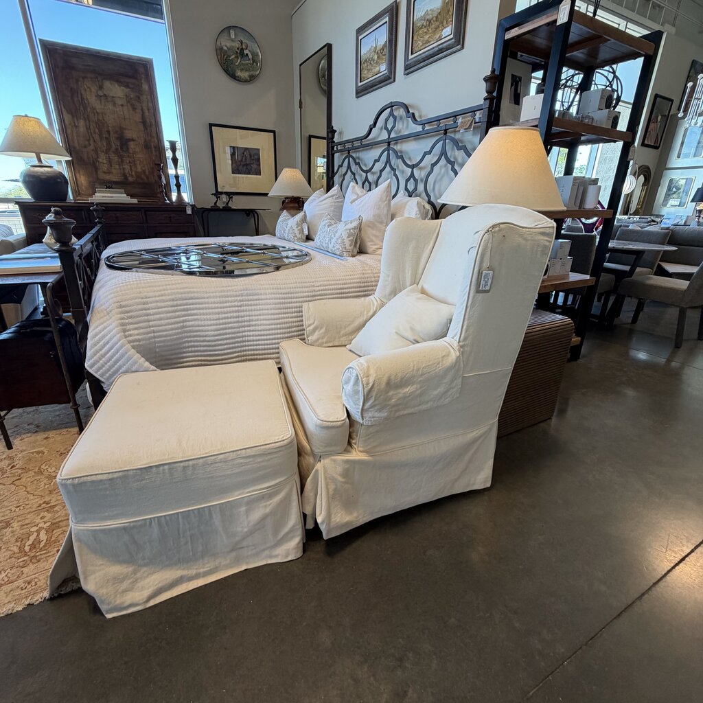 Clyde Pearson Slip Covered Wing Chair W/ Ottoman- 32X59X43H