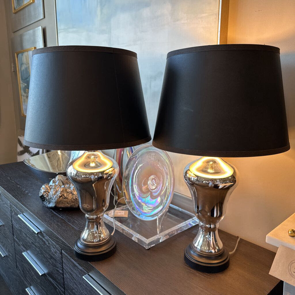 "Mercury Glass" Lamps W/ Black Shades- 17X29H