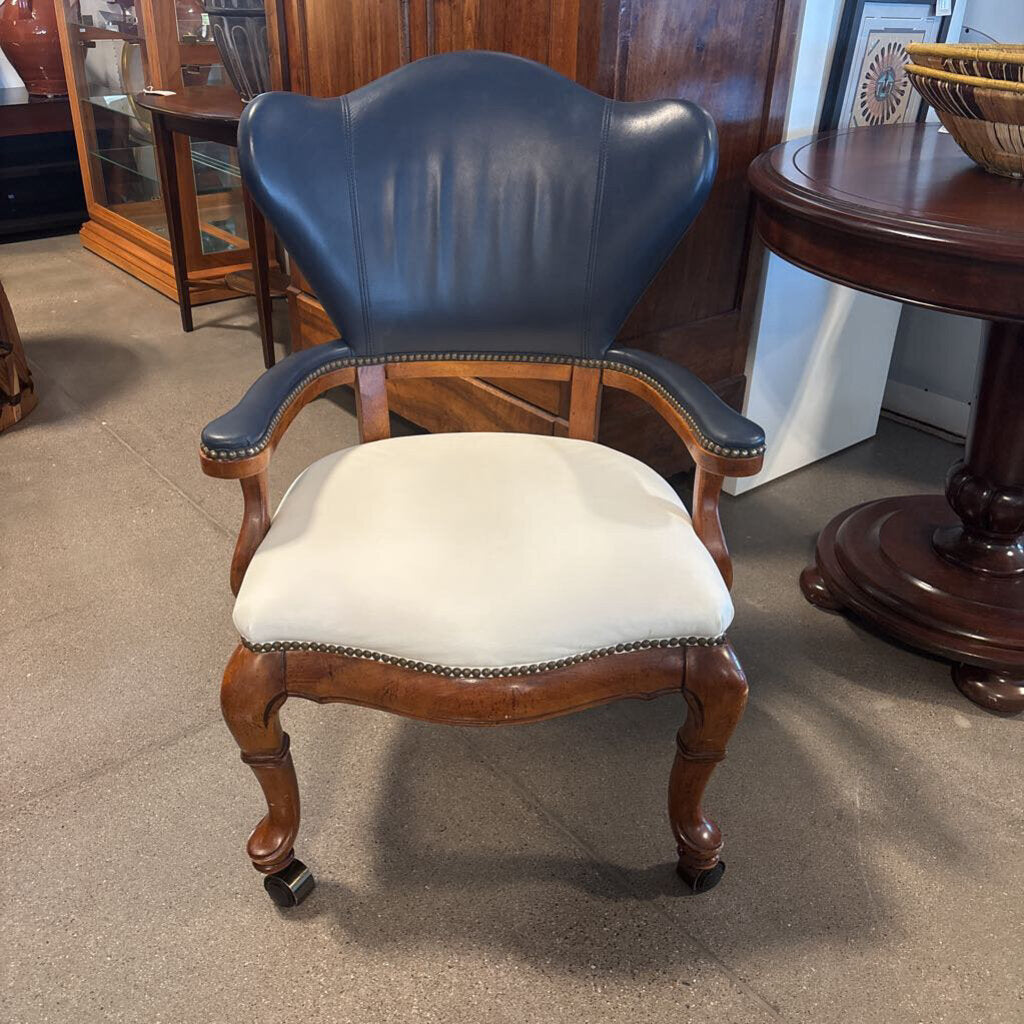 White & Blue Leather Desk Chair On Casters