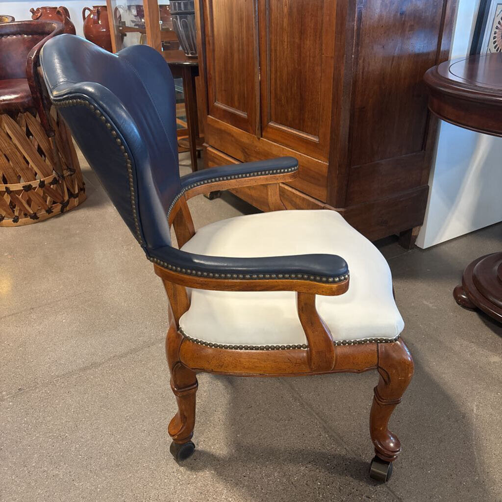White & Blue Leather Desk Chair On Casters