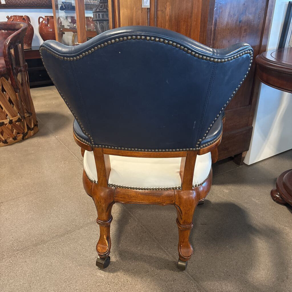 White & Blue Leather Desk Chair On Casters