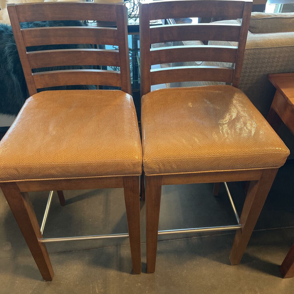Ladderback Barstools W/ Faux Snakeskin Seats- Pair- 19X19X44H