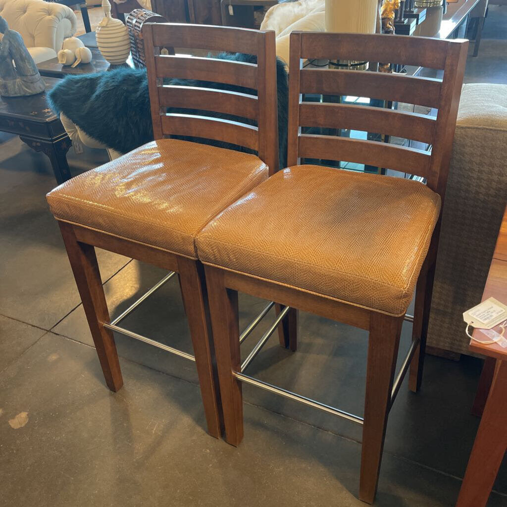 Ladderback Barstools W/ Faux Snakeskin Seats- Pair- 19X19X44H