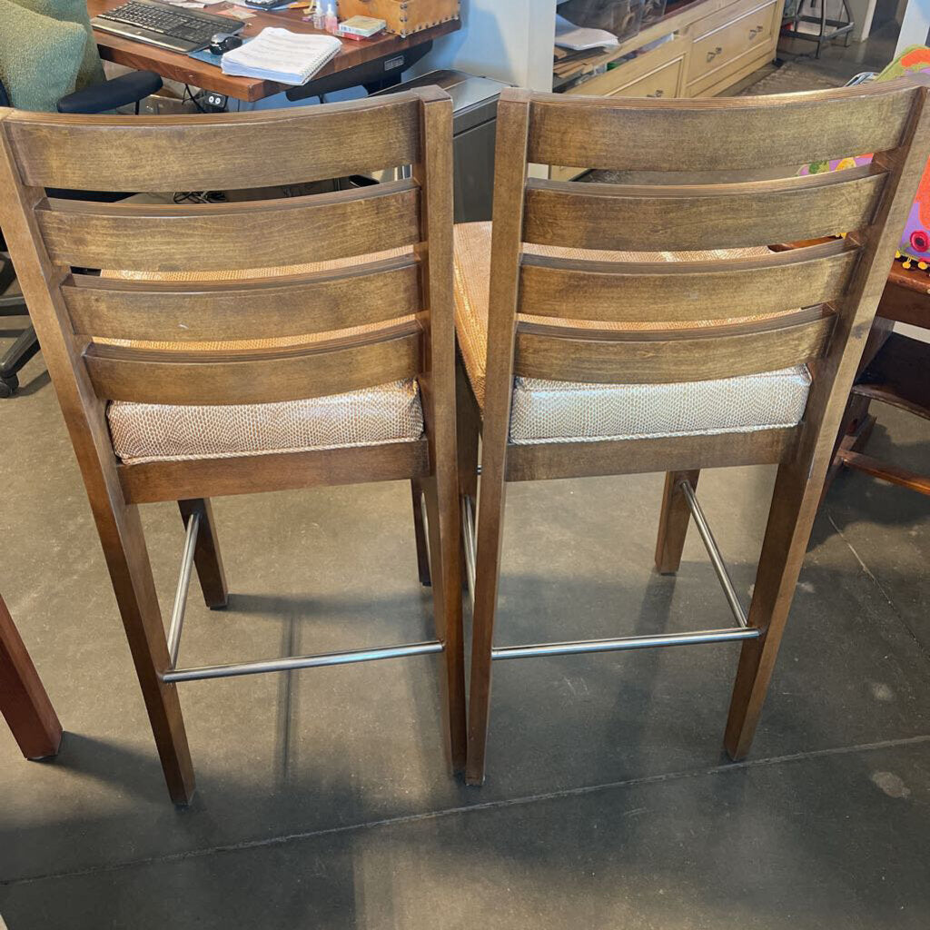 Ladderback Barstools W/ Faux Snakeskin Seats- Pair- 19X19X44H