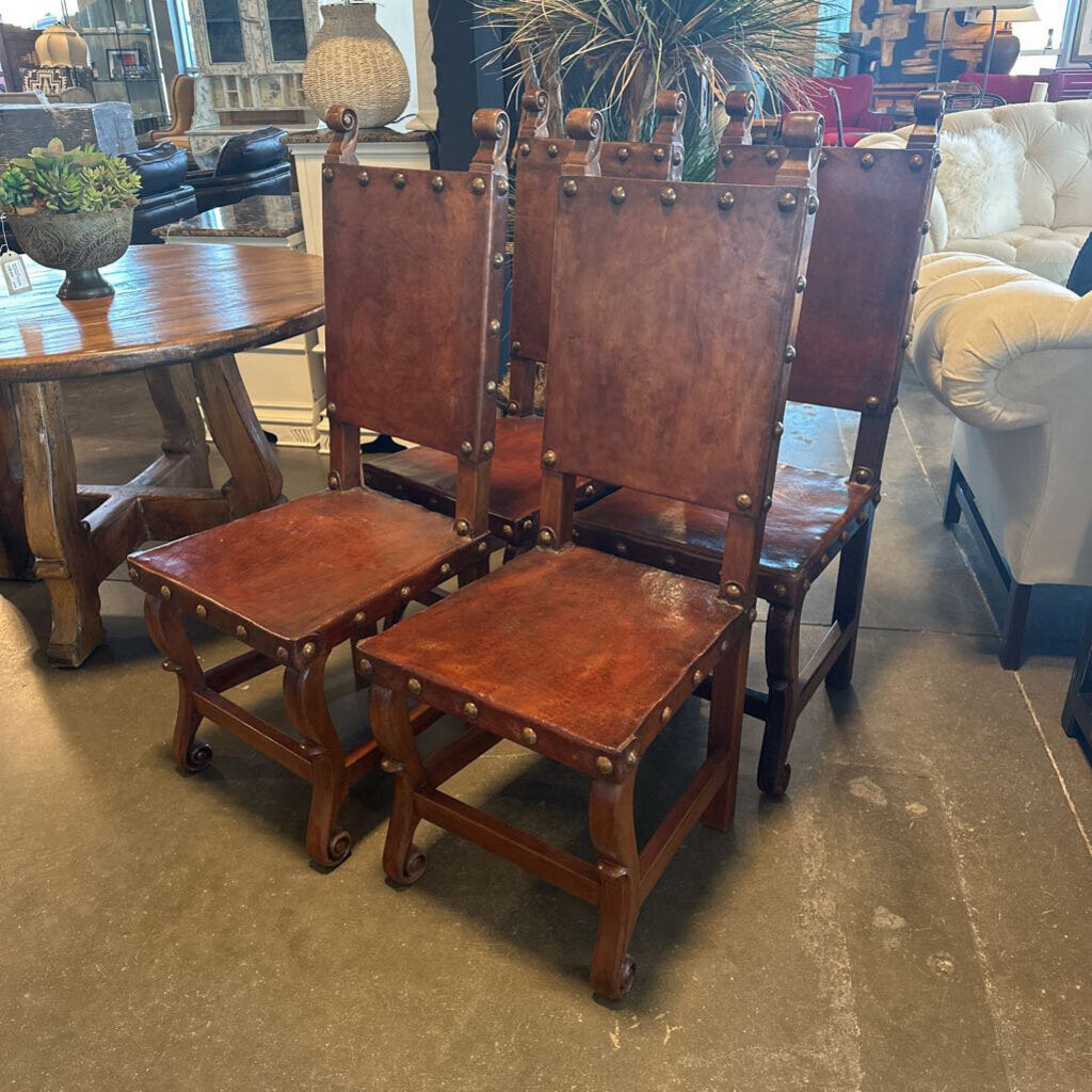 Spanish Colonial Leather Dining Chairs- Set of 4 18X19X46H