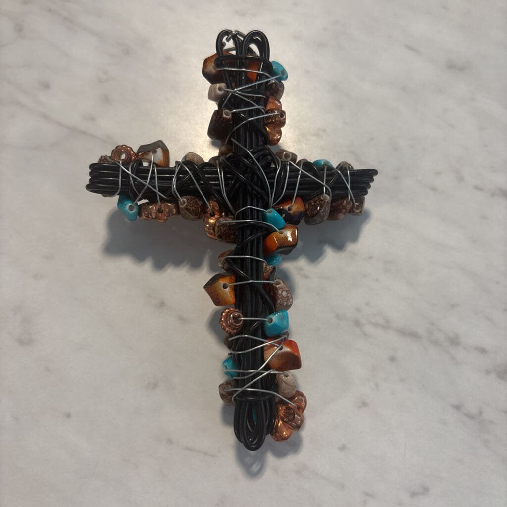 Handmade Beaded Wrapped Metal Cross- 5X3.5
