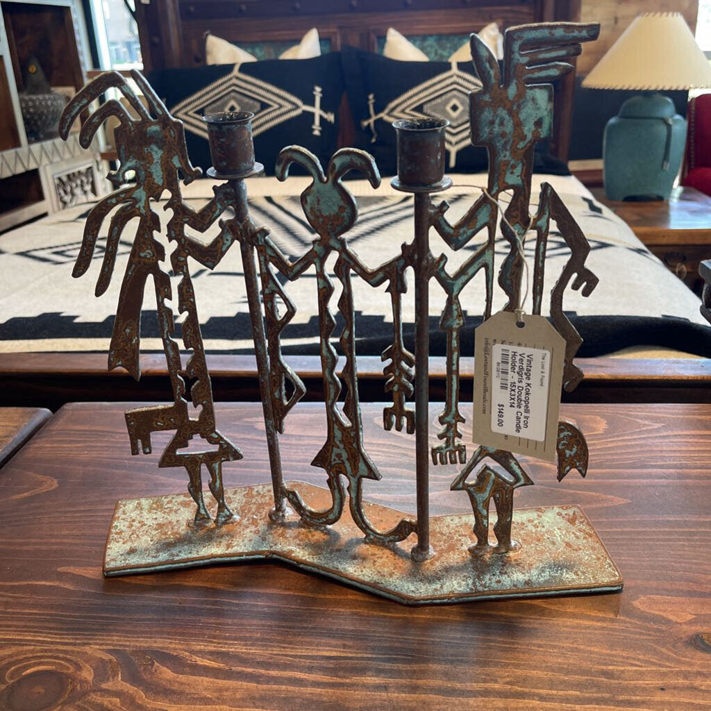 Vintage Kokopelli Iron Verdigris Double Candle Holder - 15X3X14