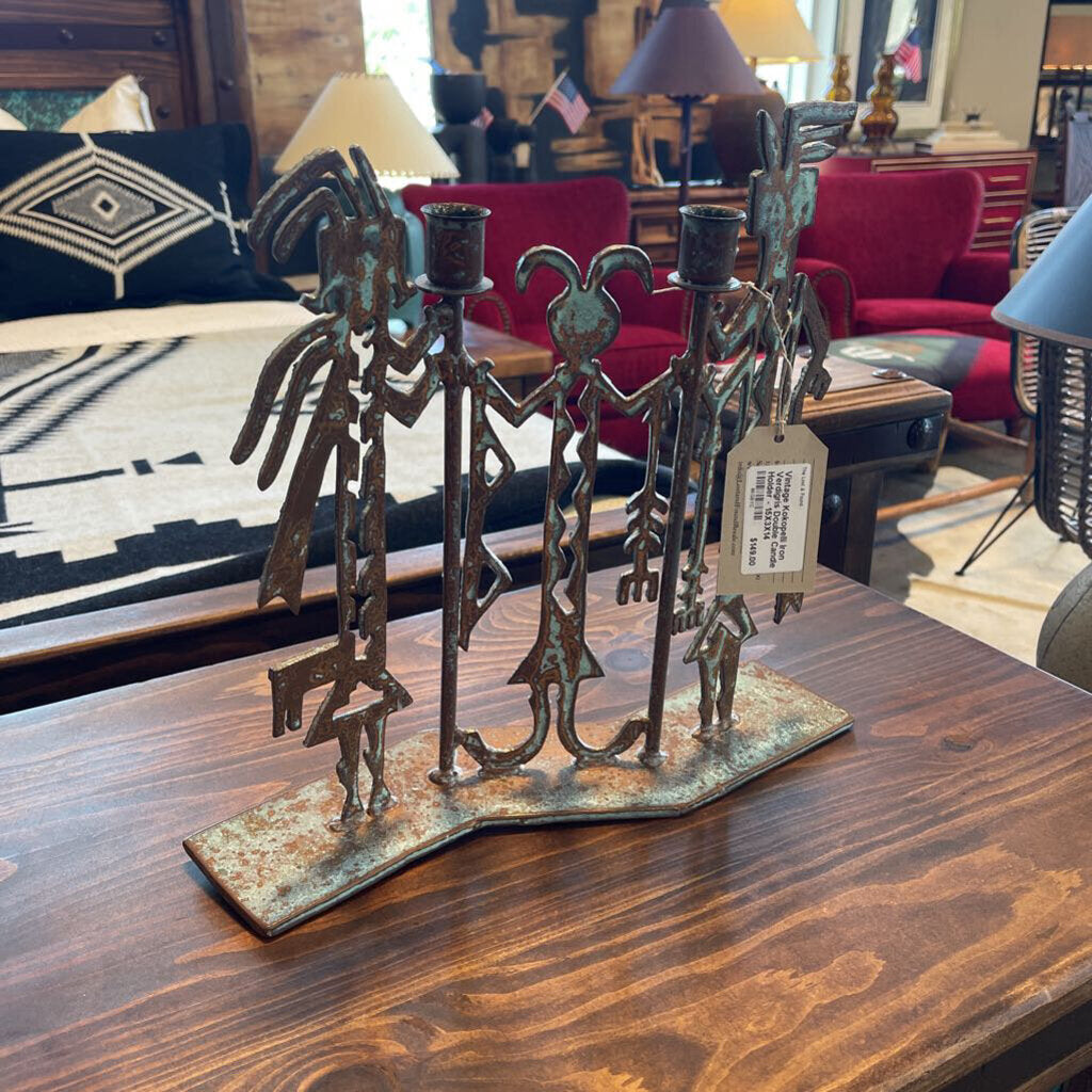 Vintage Kokopelli Iron Verdigris Double Candle Holder - 15X3X14