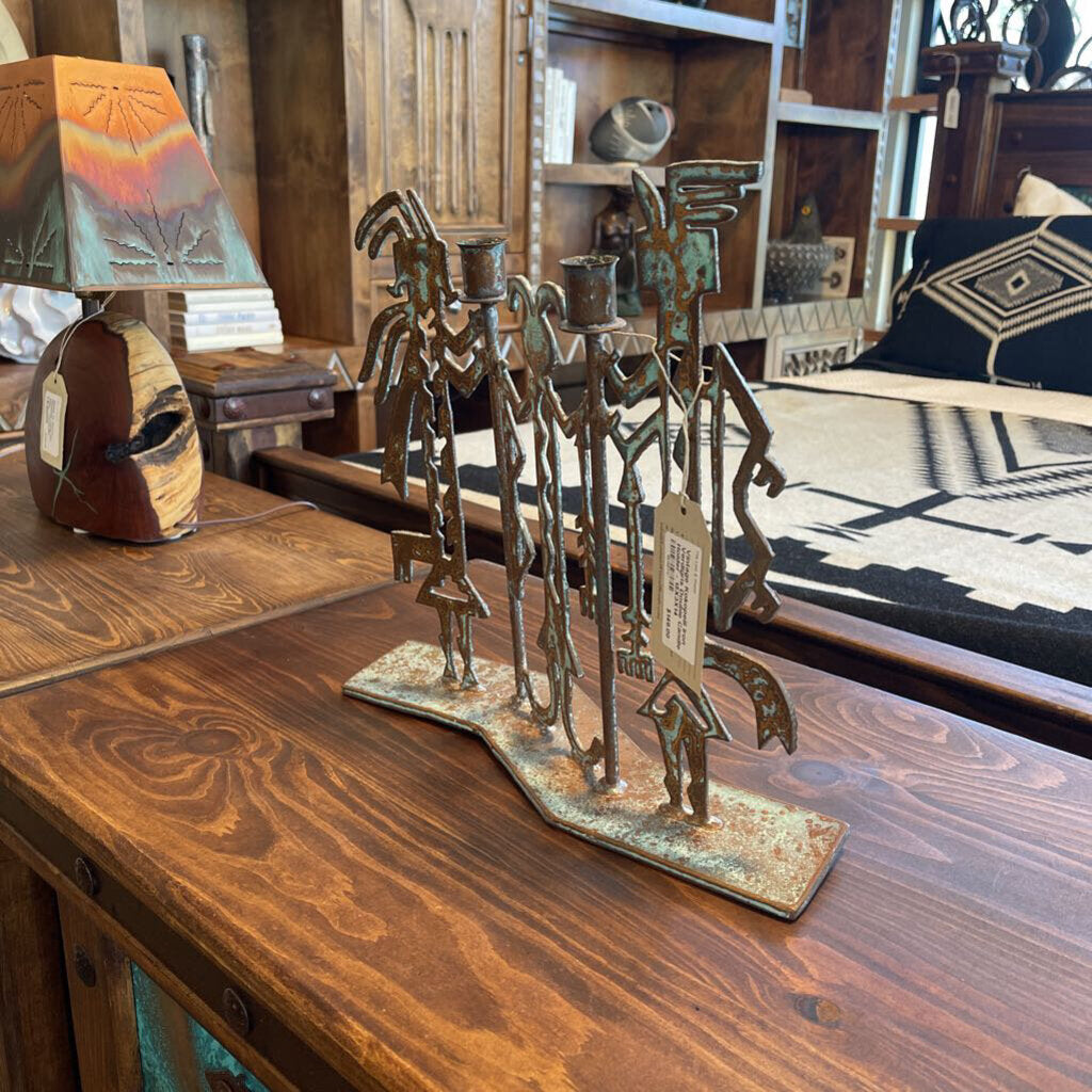 Vintage Kokopelli Iron Verdigris Double Candle Holder - 15X3X14