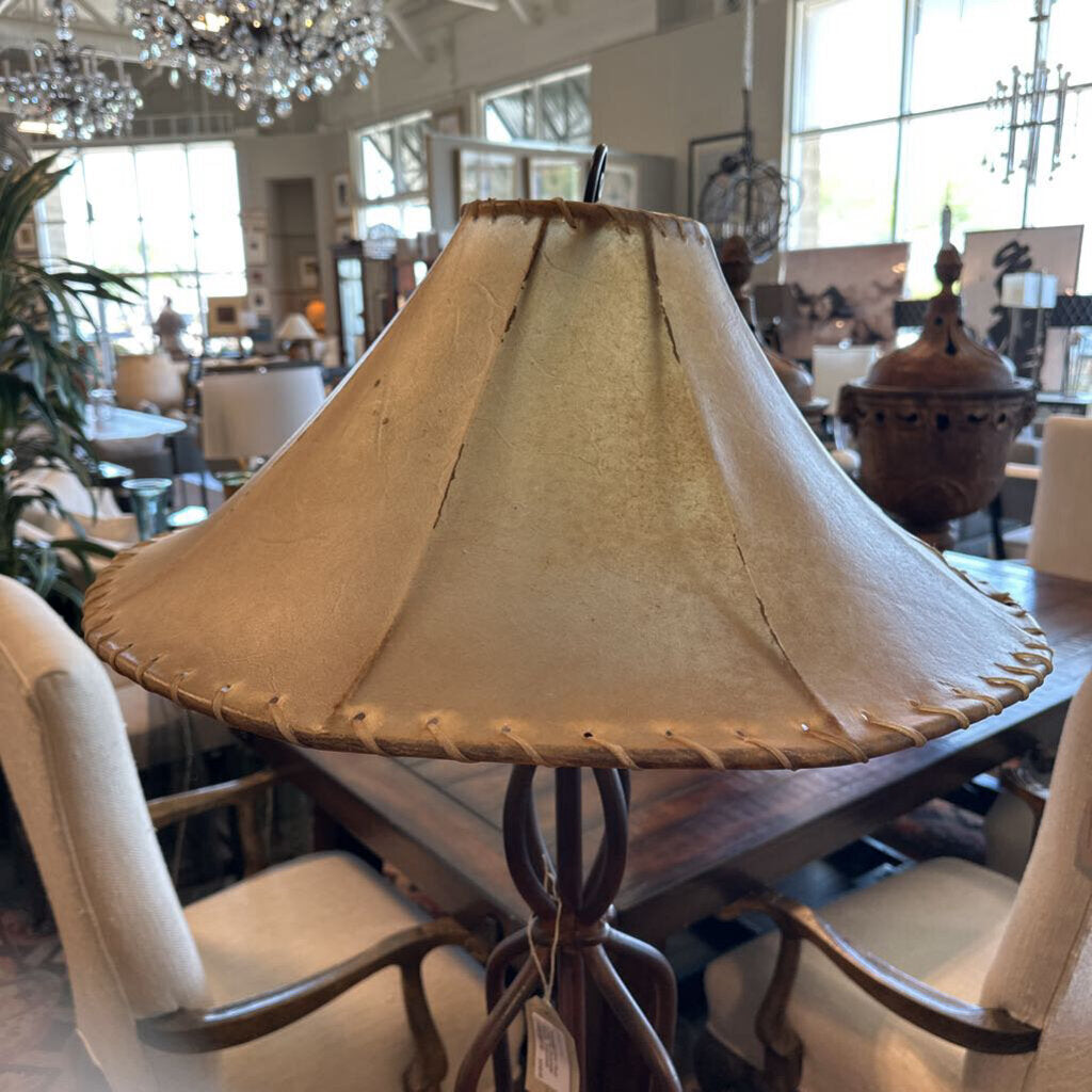 Wrought Iron Floor Lamp W/ Rawhide Shade- 21X23X65