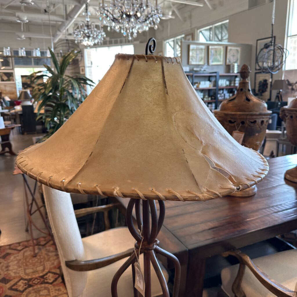 Wrought Iron Floor Lamp W/ Rawhide Shade- 21X23X65