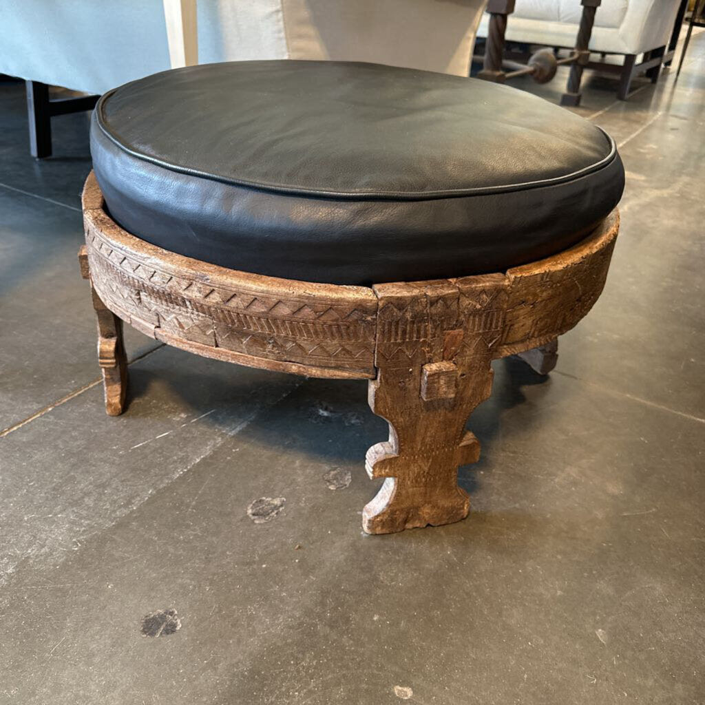 Round Rustic Wood Ottoman W/ Black Leather Cushion- 23X25X15.5