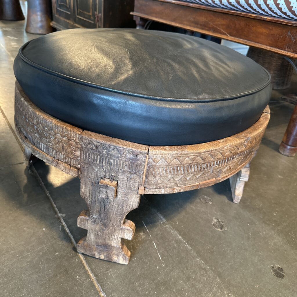 Round Rustic Wood Ottoman W/ Black Leather Cushion- 23X25X15.5