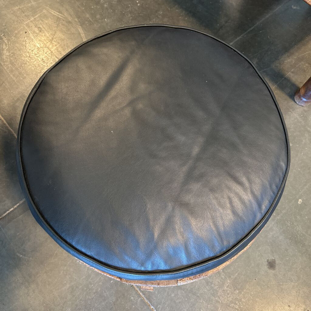 Round Rustic Wood Ottoman W/ Black Leather Cushion- 23X25X15.5