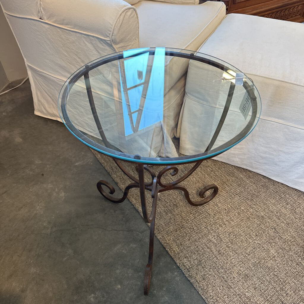 Round Wrought Iron Side Table W/ Glass Top- 18X22.5H