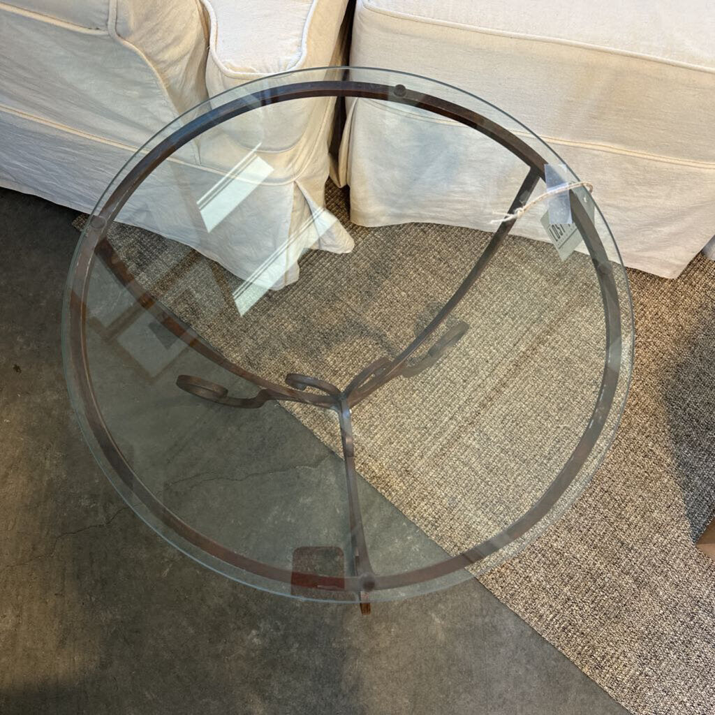 Round Wrought Iron Side Table W/ Glass Top- 18X22.5H