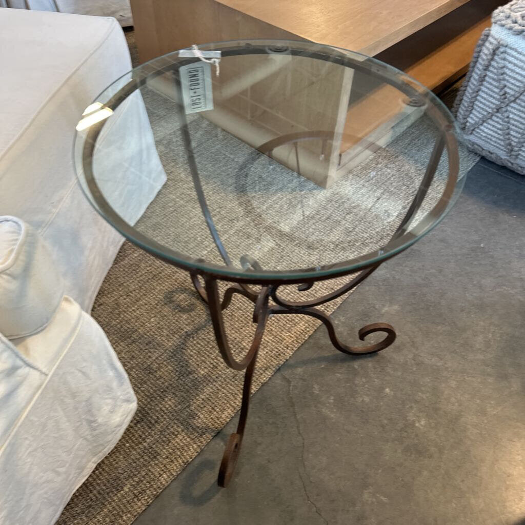 Round Wrought Iron Side Table W/ Glass Top- 18X22.5H