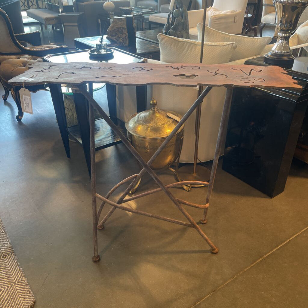 Rusted Metal Narrow Console W/ SW Cut Outs- 40X11.5X34H